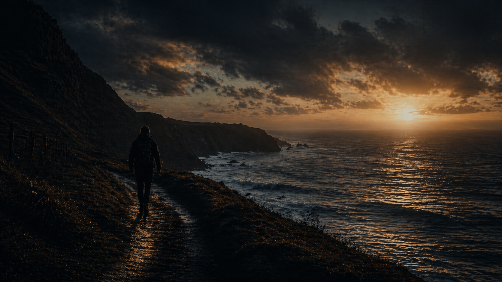 Un sendero costero al amanecer, una persona caminando sola